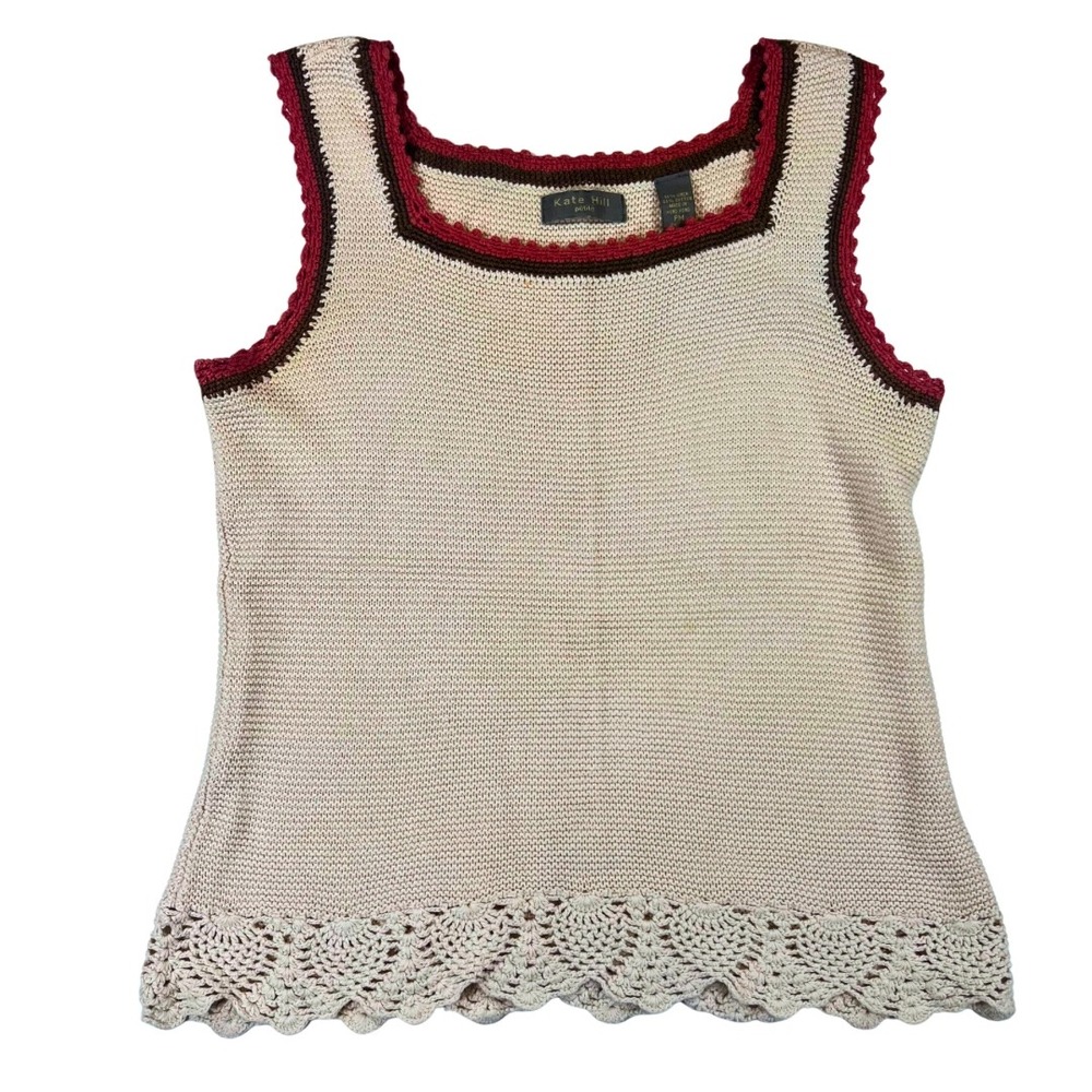 Kate Hill Petite‎ Linen Cotton Crochet Knit Tank Top Beige PM Sleeveless
